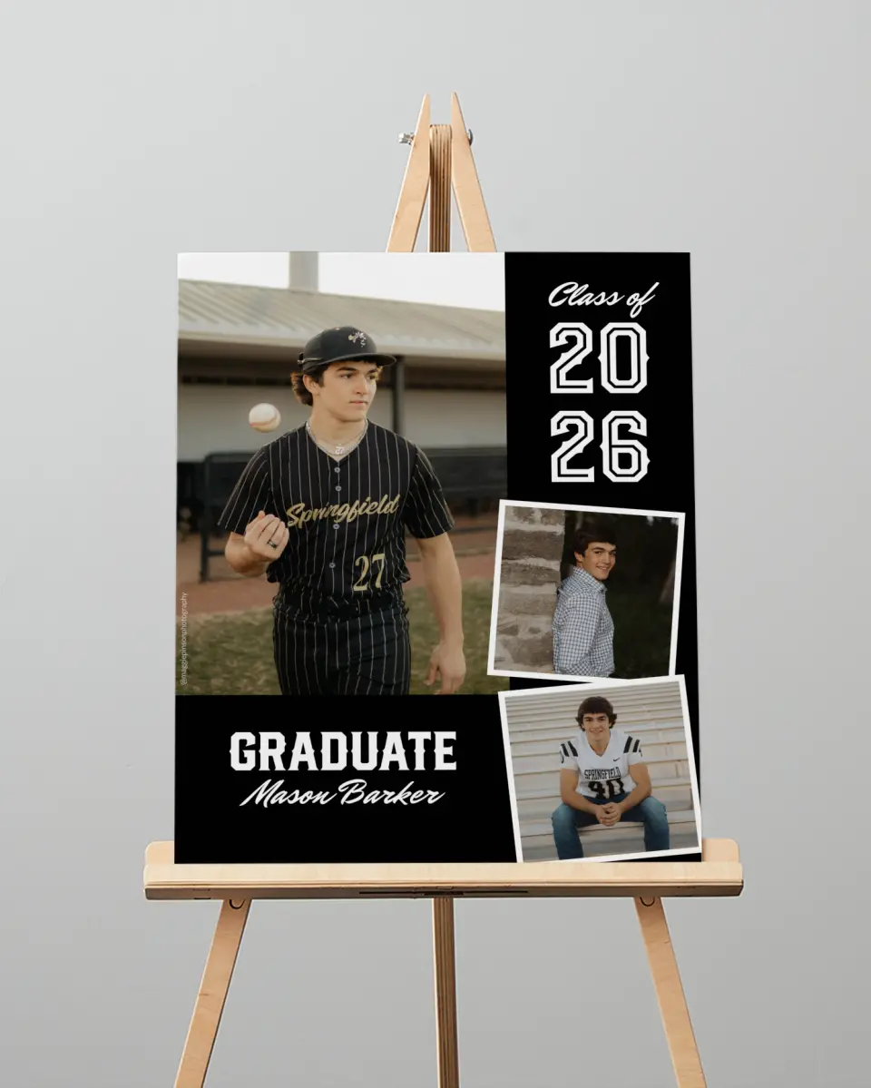 This is a 16" x 20" Welcome Grad Sign called All-Star Athlete printed in full color with Silver foil