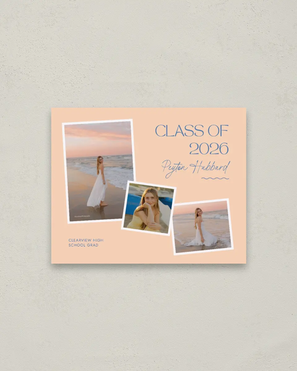 This is a 16" x 20" Welcome Grad Sign called Modern Montage printed in full color with Gold foil