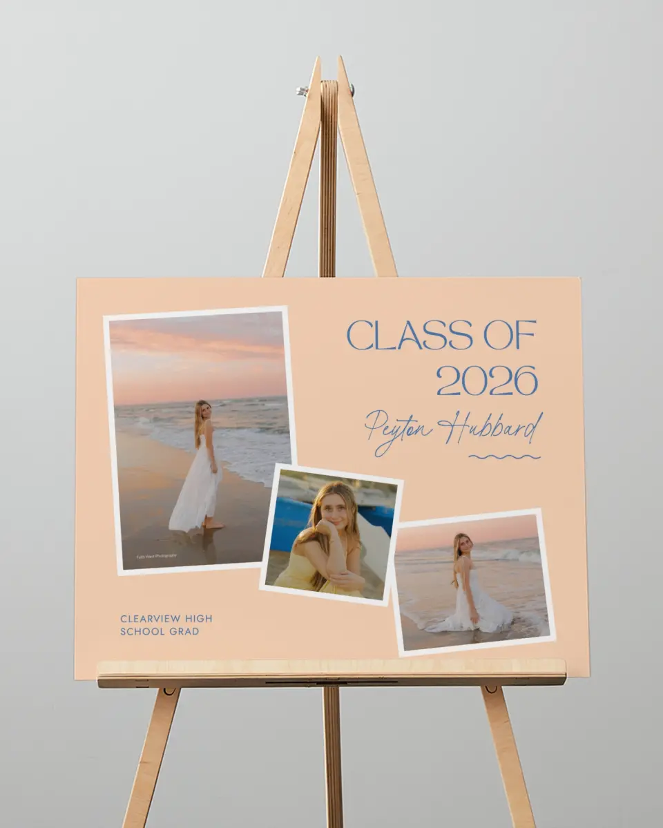 This is a 16" x 20" Welcome Grad Sign called Modern Montage printed in full color with Silver foil