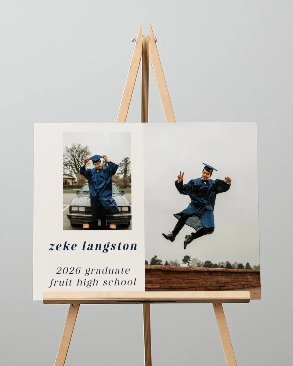 This is a 16" x 20" Welcome Grad Sign called Jumping Jubilee printed in full color with Silver foil