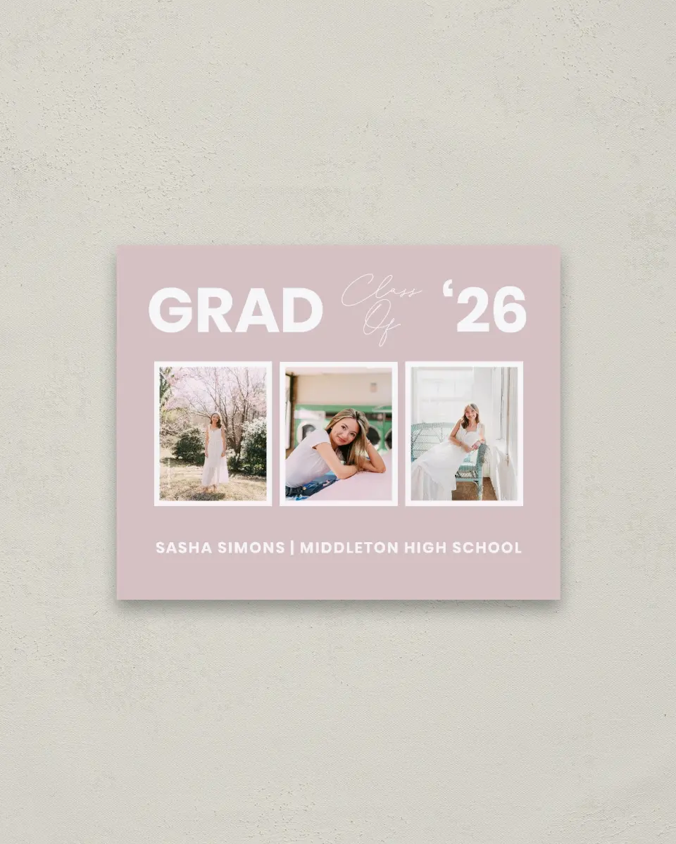 This is a 16" x 20" Welcome Grad Sign called Caps Off to You printed in full color with Gold foil