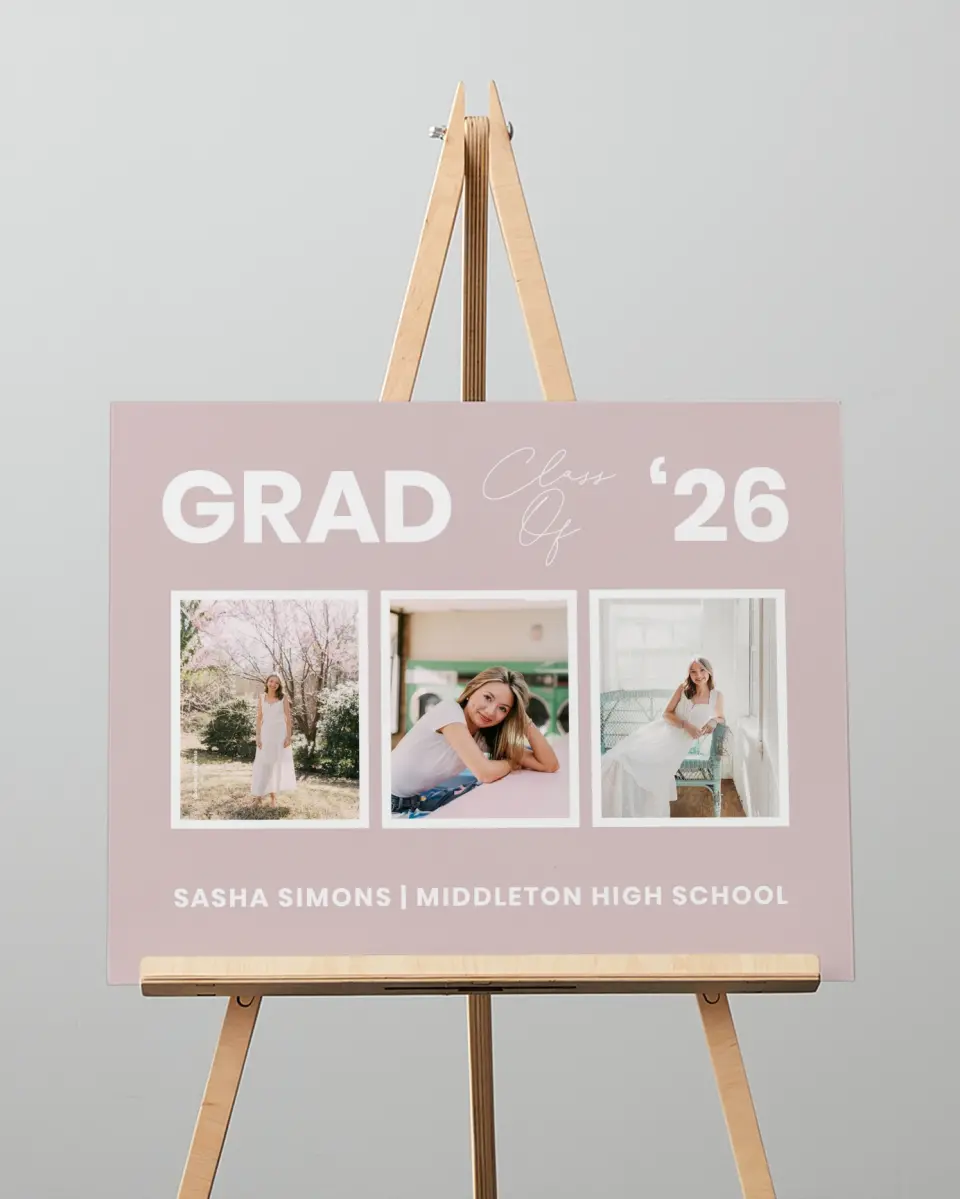 This is a 16" x 20" Welcome Grad Sign called Caps Off to You printed in full color with Silver foil