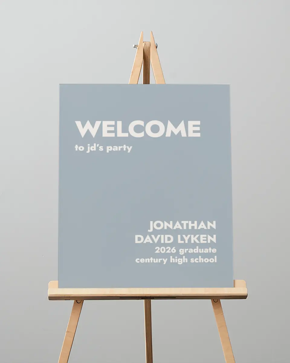 This is a 16" x 20" Welcome Grad Sign called Changing Chapters printed in full color with Silver foil