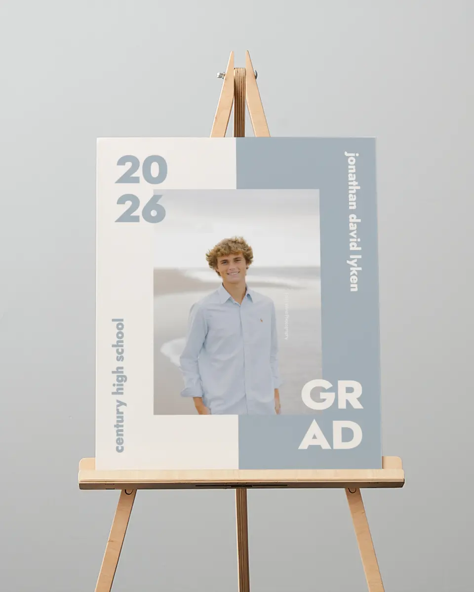This is a 16" x 20" Welcome Grad Sign called Changing Chapters printed in full color with Silver foil