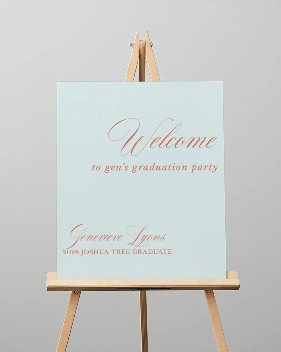 This is a 16" x 20" Welcome Grad Sign called Scripted Accolades printed in full color