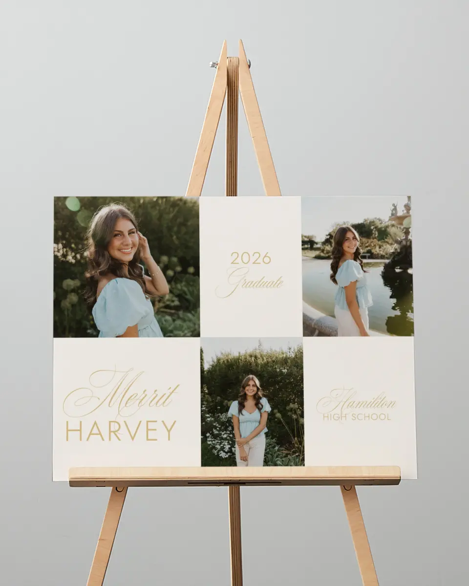This is a 16" x 20" Welcome Grad Sign called Stay Golden printed in full color