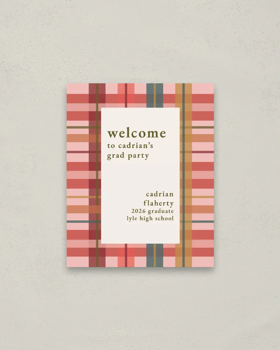 This is a 16" x 20" Welcome Grad Sign called Plaid Praise printed in full color