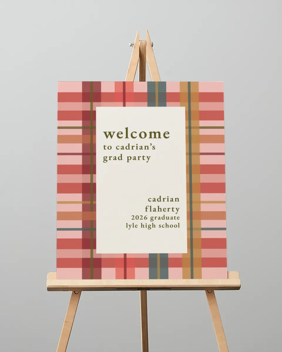 This is a 16" x 20" Welcome Grad Sign called Plaid Praise printed in full color
