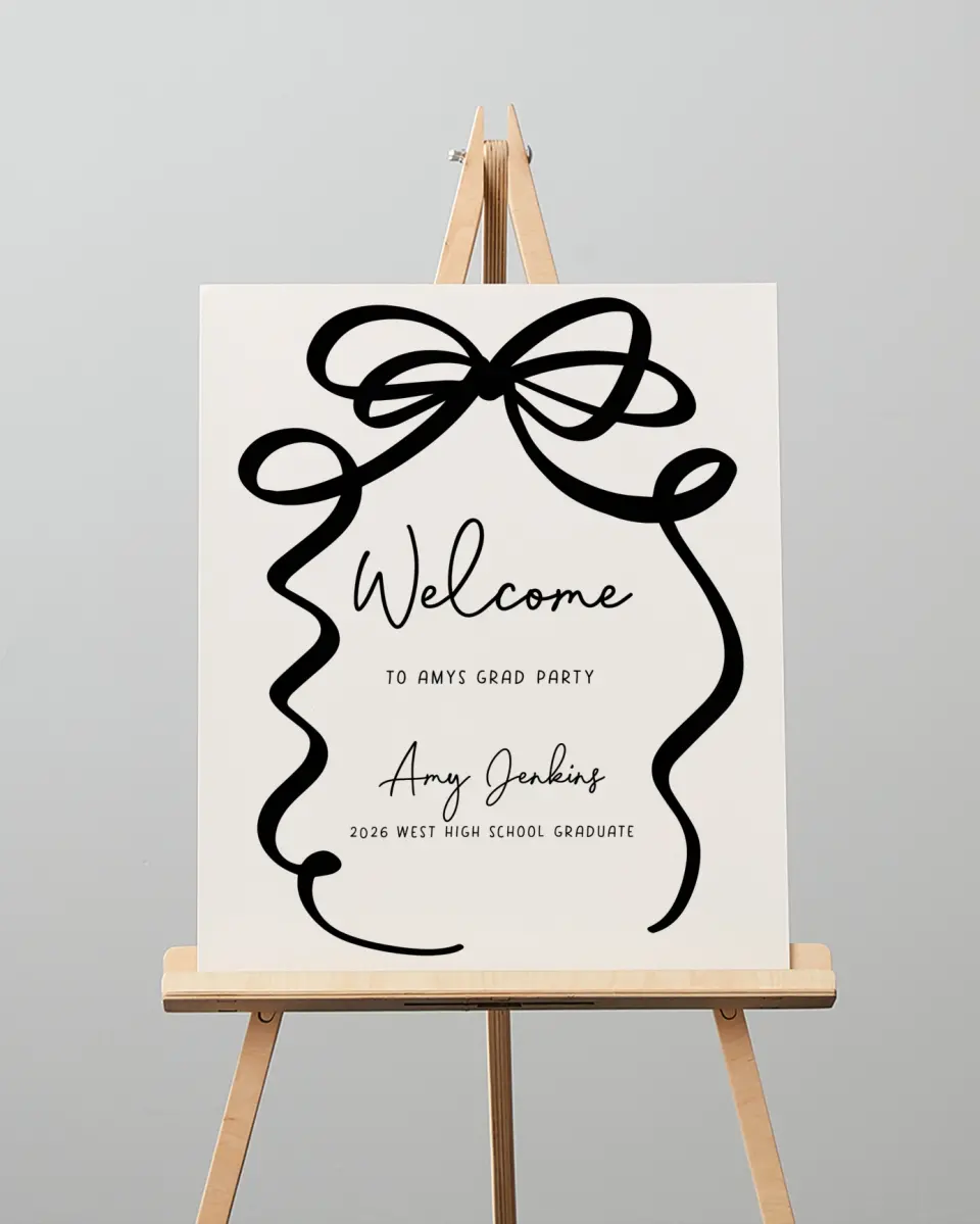 This is a 16" x 20" Welcome Grad Sign called All Tied Up printed in full color with Silver foil