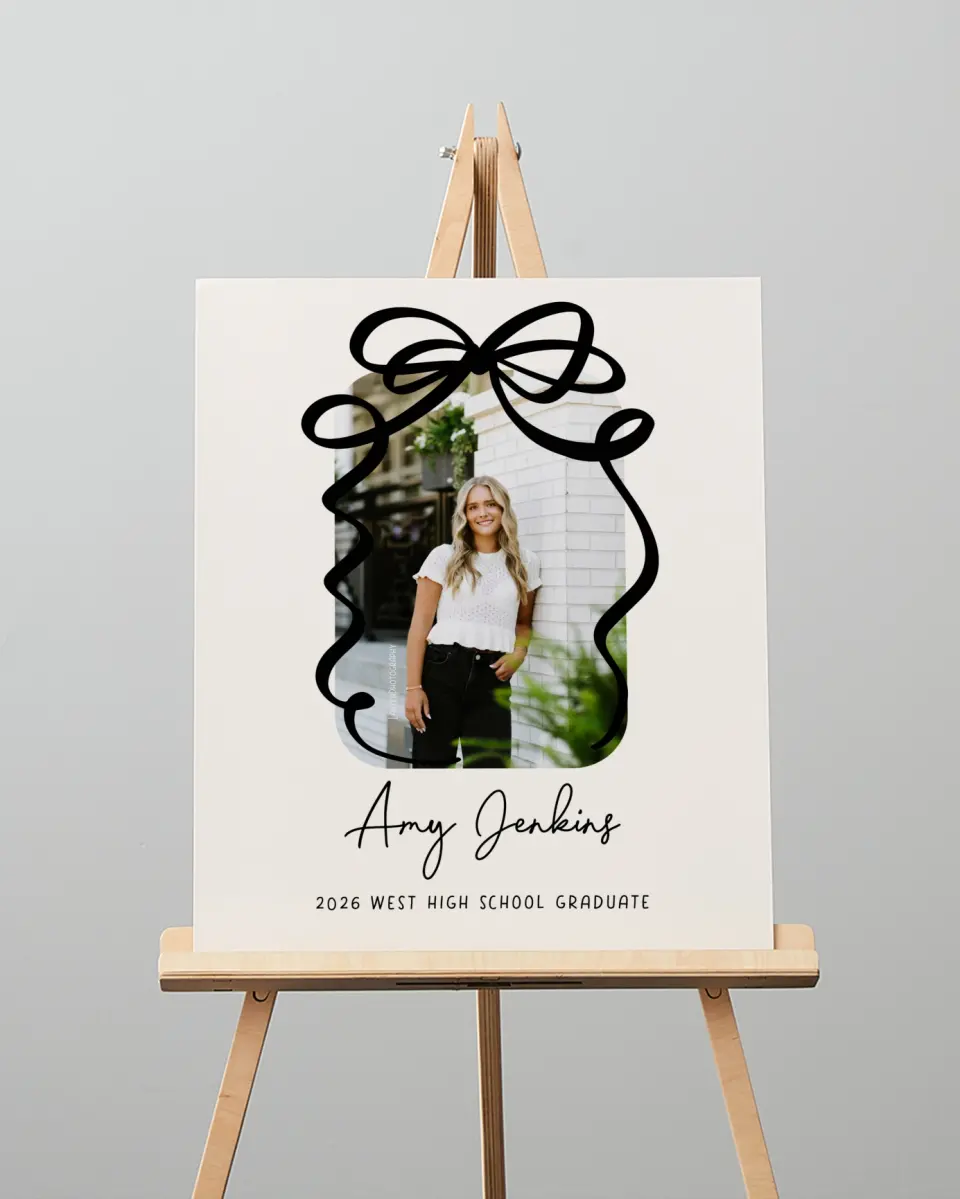 This is a 16" x 20" Welcome Grad Sign called All Tied Up printed in full color with Silver foil