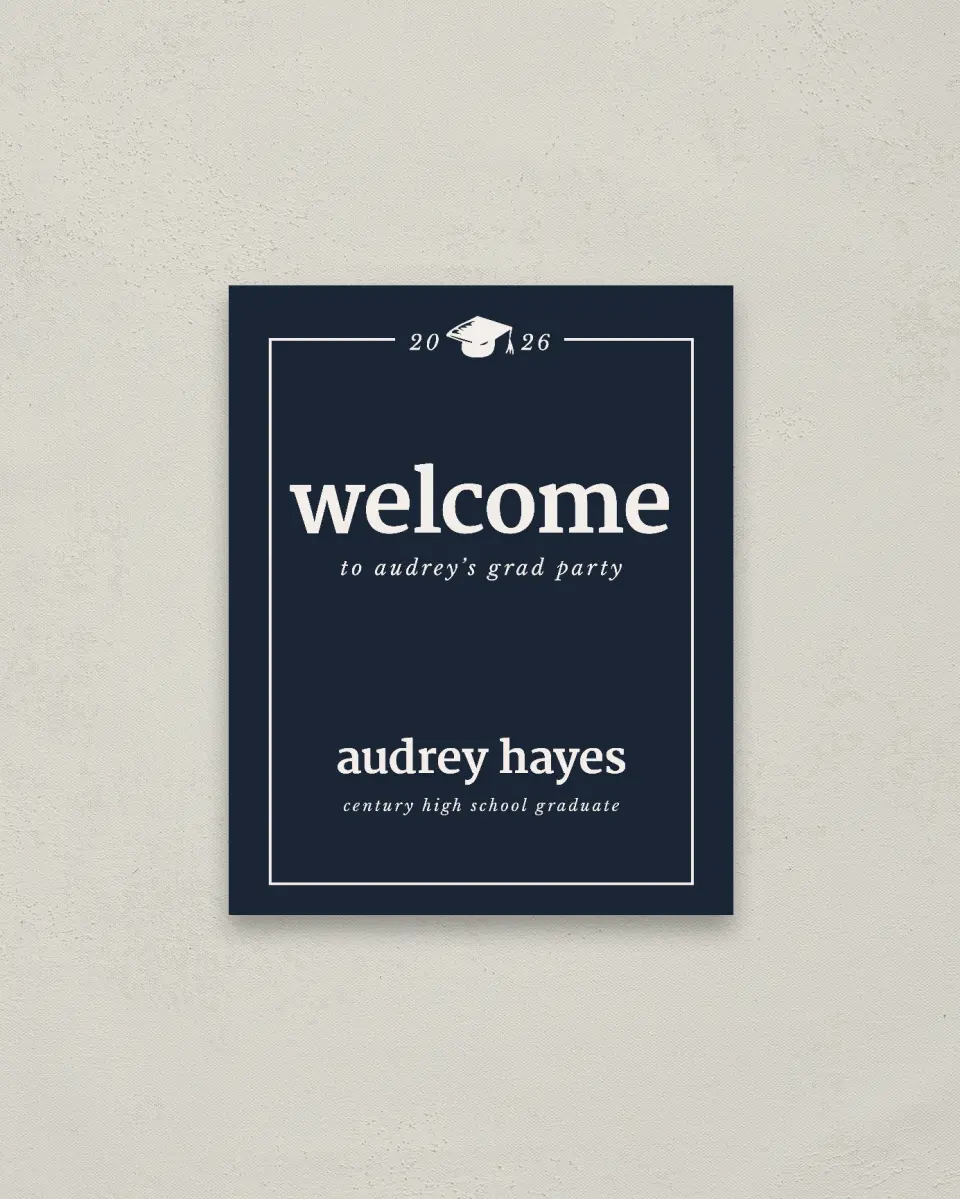 This is a 16" x 20" Welcome Grad Sign called Framed Triumph printed in full color