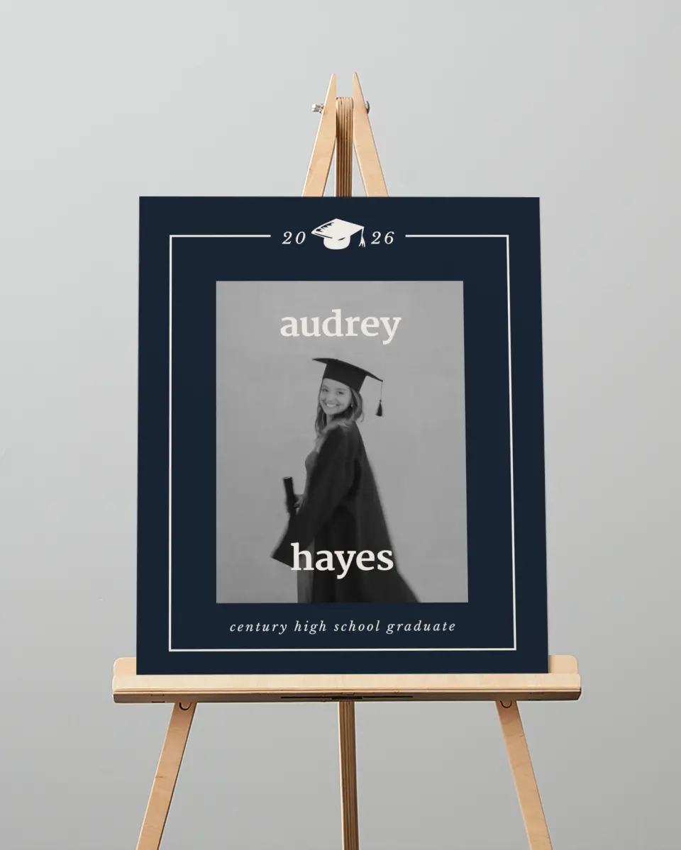 This is a 16" x 20" Welcome Grad Sign called Framed Triumph printed in full color