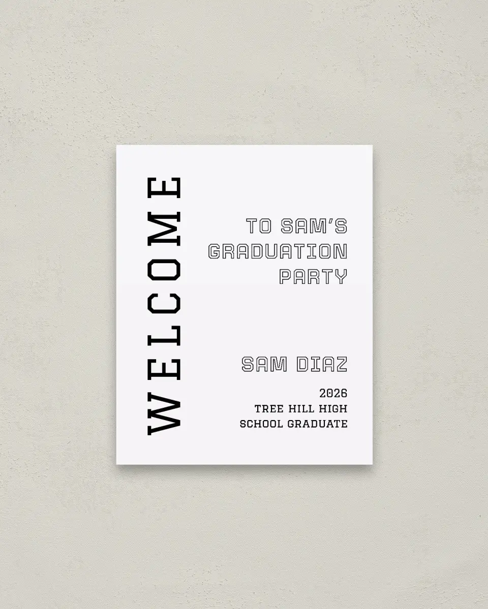 This is a 16" x 20" Welcome Grad Sign called Last Run printed in full color