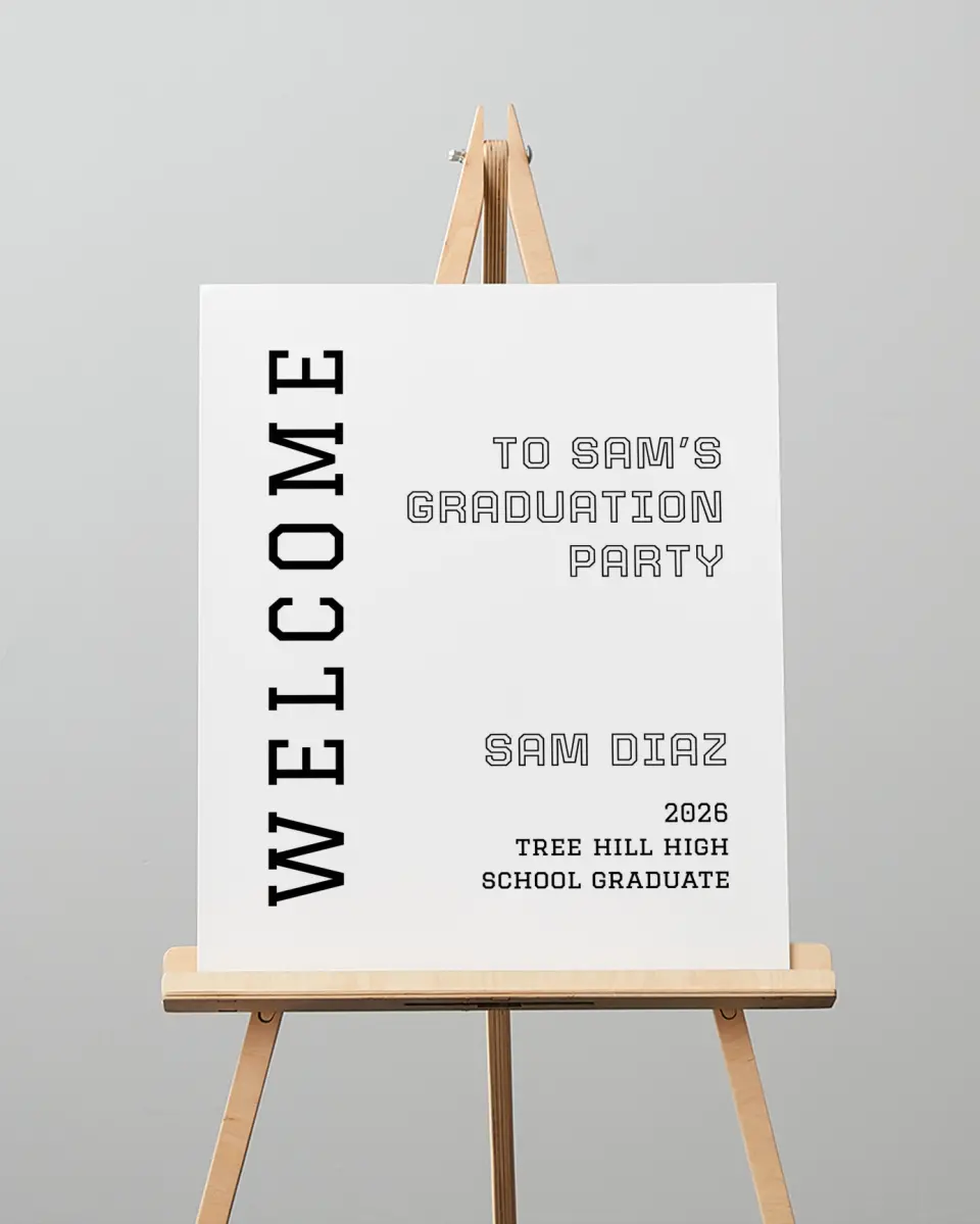 This is a 16" x 20" Welcome Grad Sign called Last Run printed in full color
