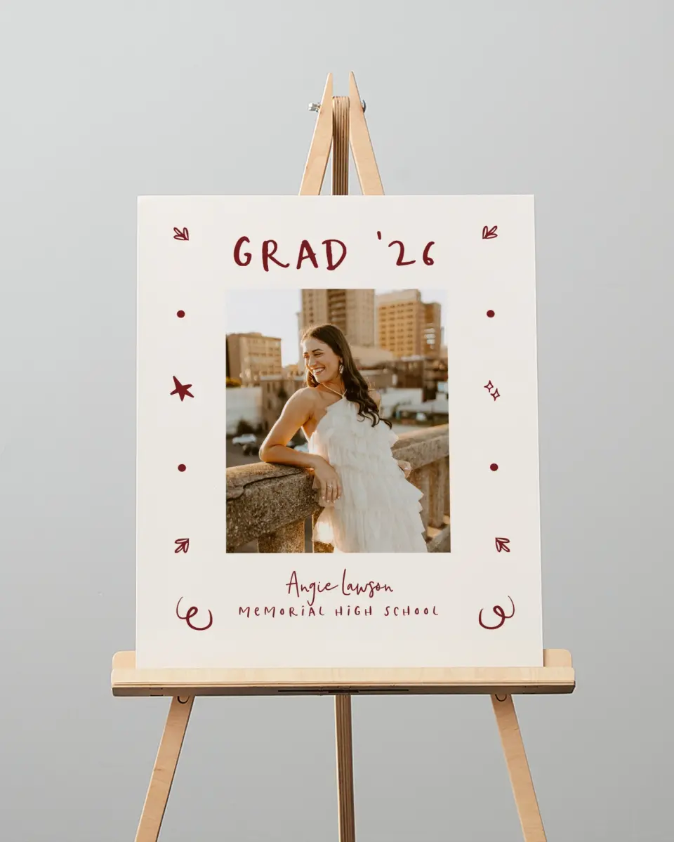 This is a 16" x 20" Welcome Grad Sign called Celebratory Confetti printed in full color with Gold foil