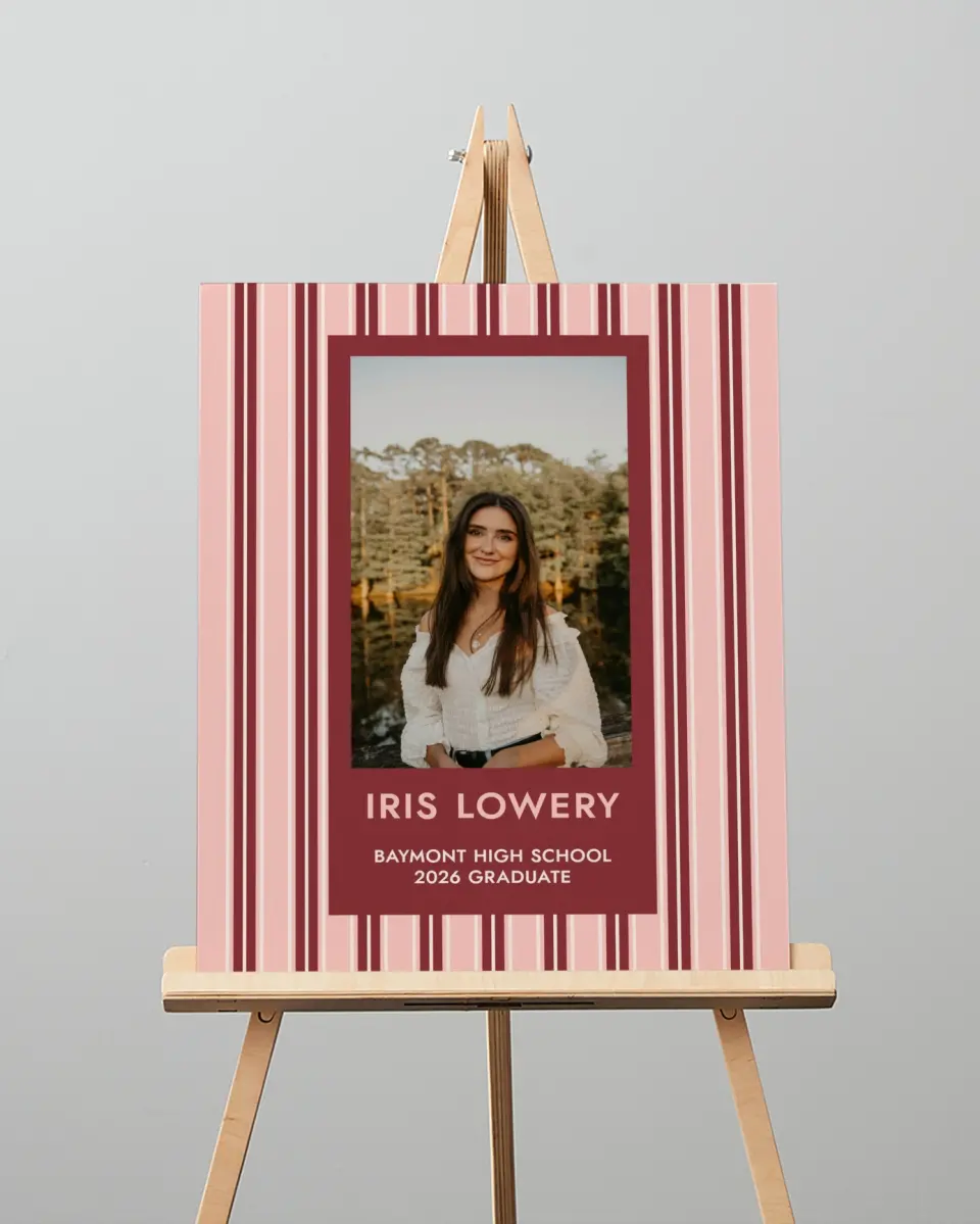 This is a 16" x 20" Welcome Grad Sign called Striped Admiration printed in full color with Gold foil