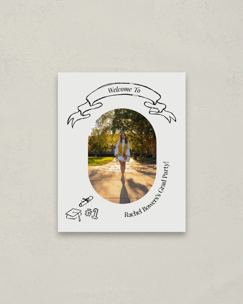 This is a 16" x 20" Welcome Grad Sign called Art of Achievement printed in full color