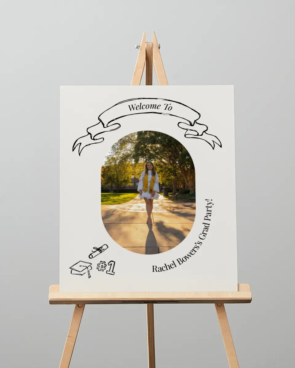 This is a 16" x 20" Welcome Grad Sign called Art of Achievement printed in full color