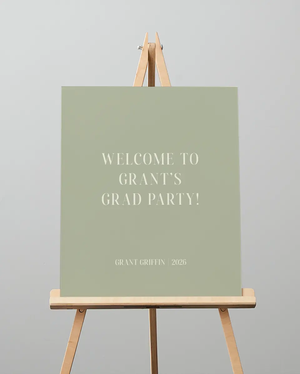 This is a 16" x 20" Welcome Grad Sign called Photo Booth printed in full color with Silver foil