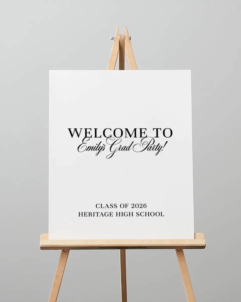 This is a 16" x 20" Welcome Grad Sign called Scholarly Elegance printed in full color with Silver foil