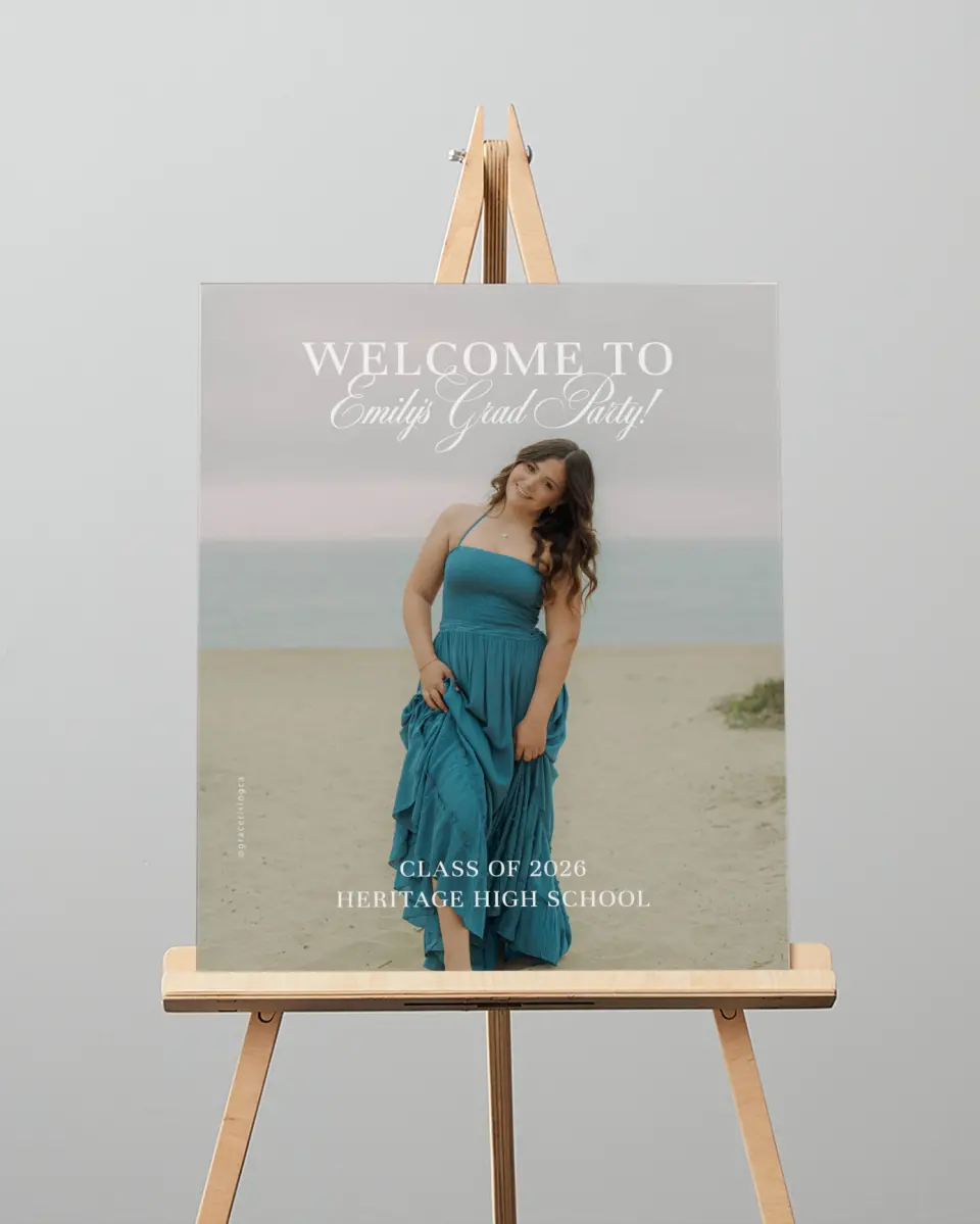 This is a 16" x 20" Welcome Grad Sign called Scholarly Elegance printed in full color