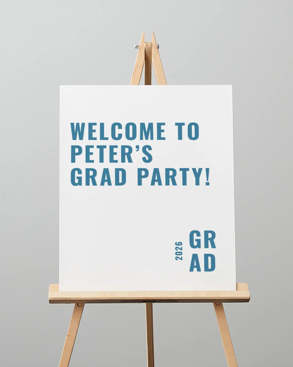 This is a 16" x 20" Welcome Grad Sign called Modern Milestone printed in full color