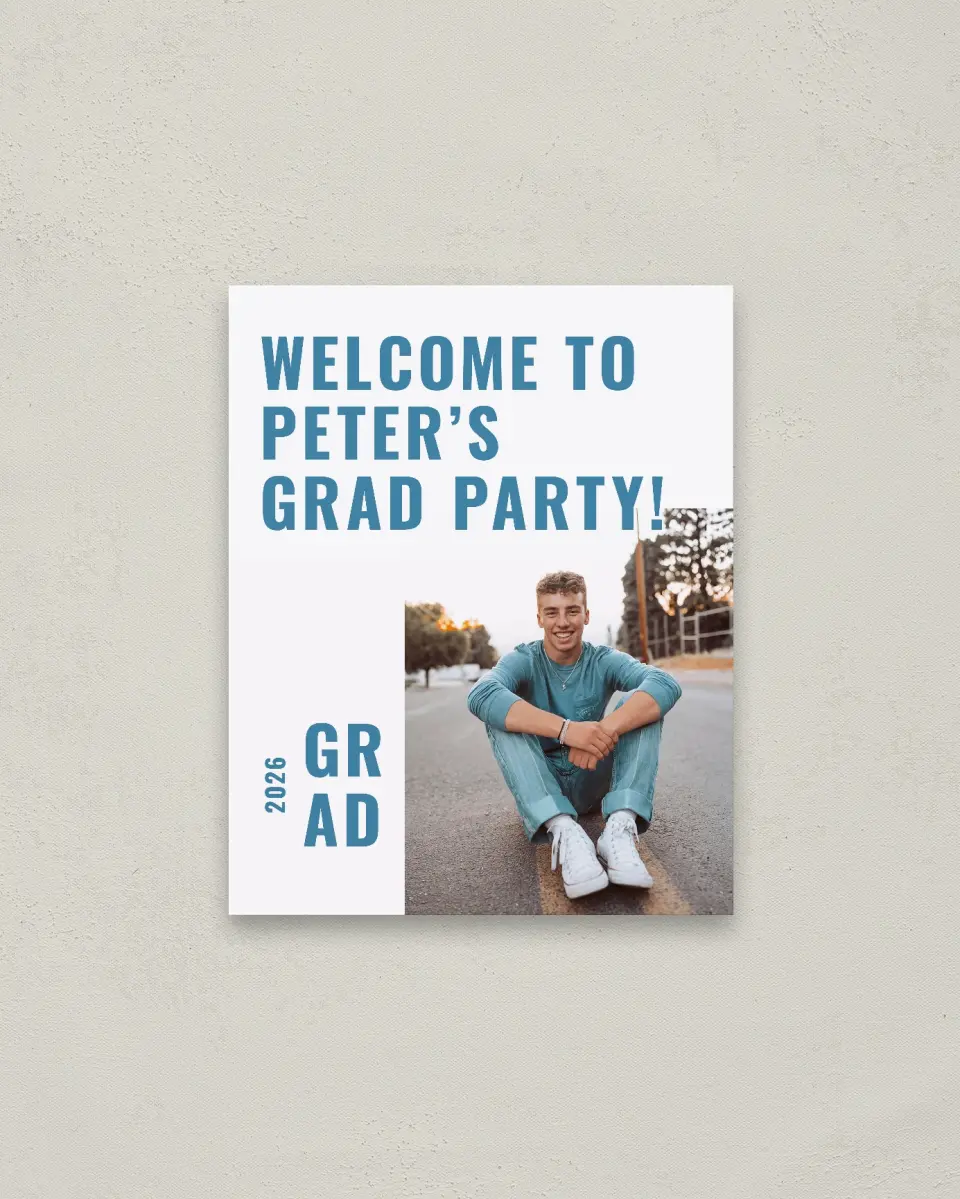 This is a 16" x 20" Welcome Grad Sign called Modern Milestone printed in full color