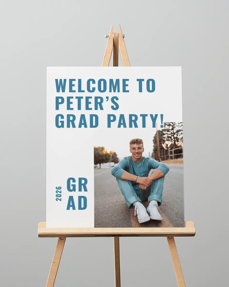 This is a 16" x 20" Welcome Grad Sign called Modern Milestone printed in full color