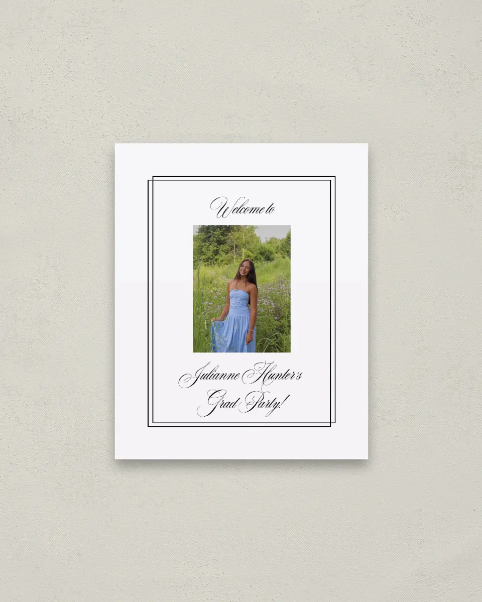 This is a 16" x 20" Welcome Grad Sign called Elegant Grad printed in full color