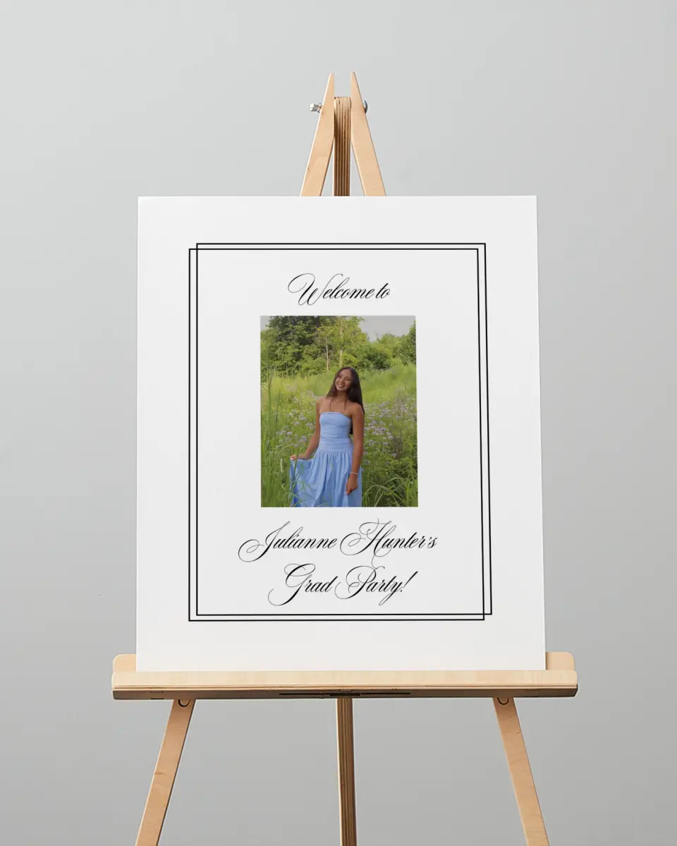 This is a 16" x 20" Welcome Grad Sign called Elegant Grad printed in full color