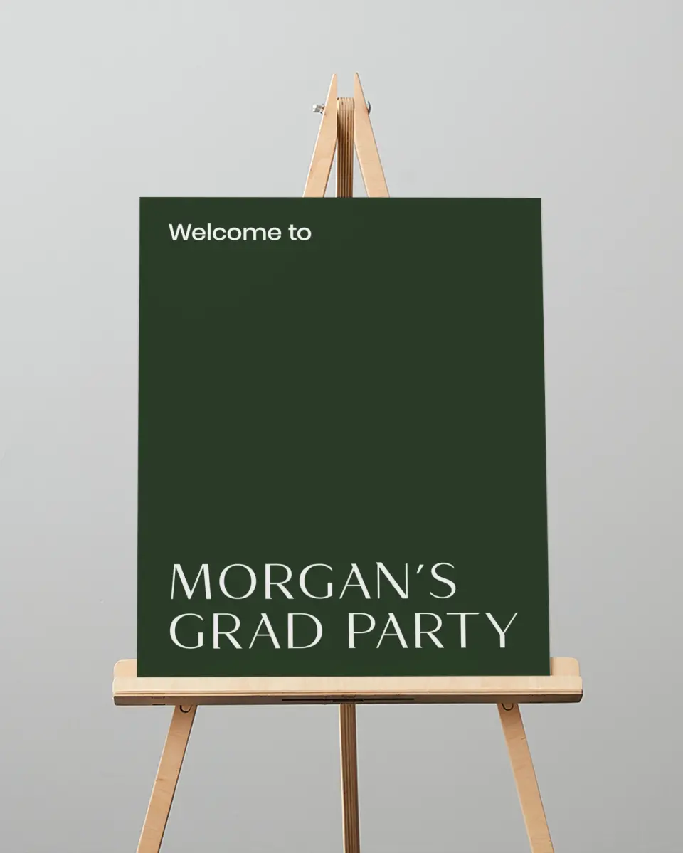This is a 16" x 20" Welcome Grad Sign called Spotlight Grad printed in full color with Silver foil