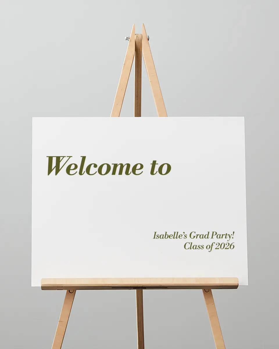 This is a 16" x 20" Welcome Grad Sign called Grad Year printed in full color with Silver foil