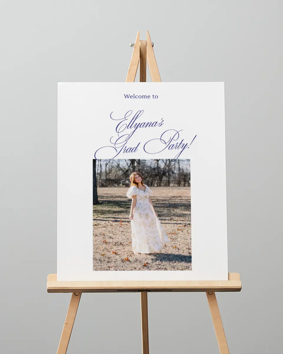 This is a 16" x 20" Welcome Grad Sign called Elegantly Graduated printed in full color