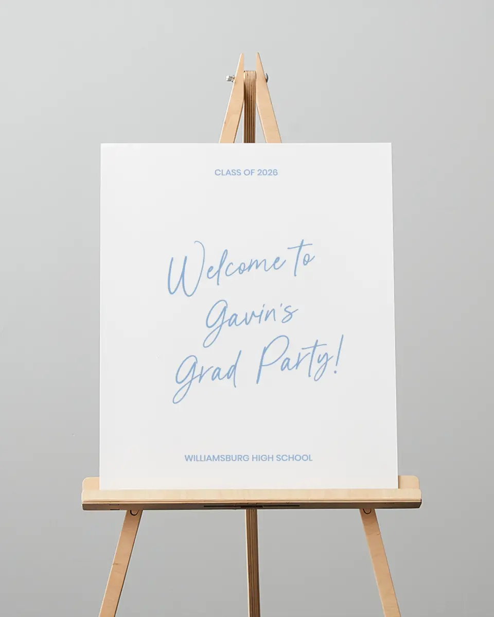 This is a 16" x 20" Welcome Grad Sign called Simple Grad printed in full color with Silver foil