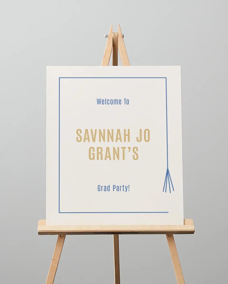 This is a 16" x 20" Welcome Grad Sign called Turning Tassels printed in full color with Silver foil