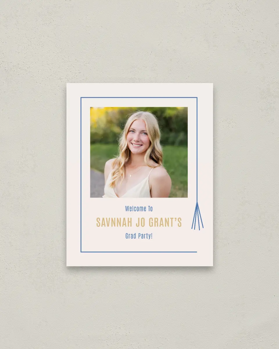 This is a 16" x 20" Welcome Grad Sign called Turning Tassels printed in full color with Gold foil