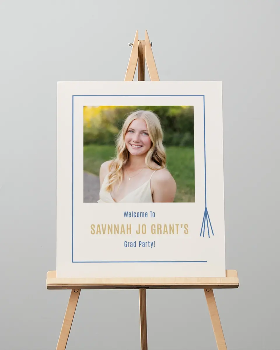 This is a 16" x 20" Welcome Grad Sign called Turning Tassels printed in full color with Gold foil