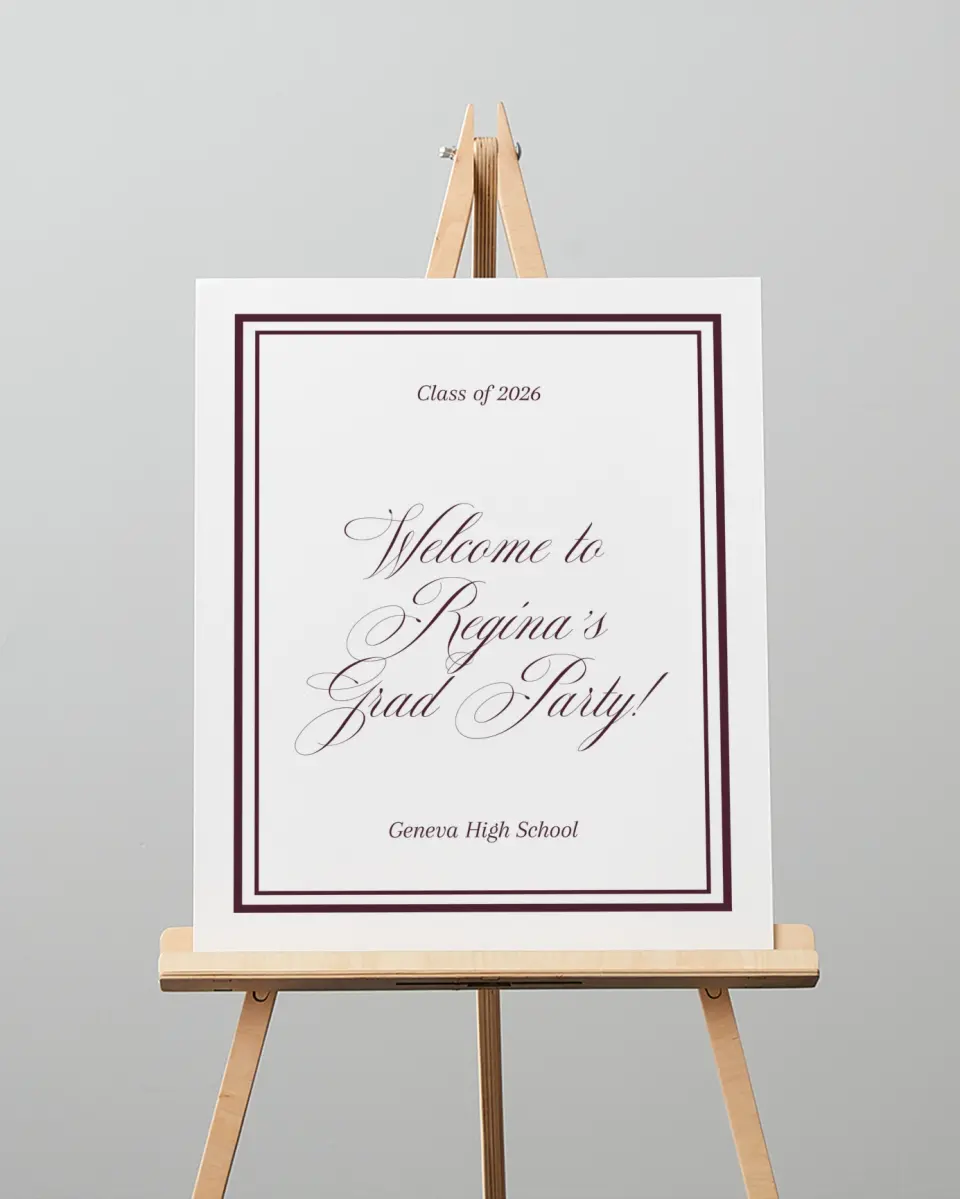 This is a 16" x 20" Welcome Grad Sign called Timeless Frame printed in full color