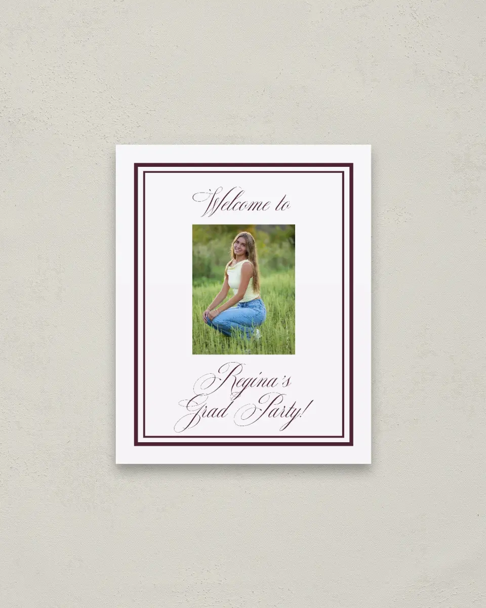This is a 16" x 20" Welcome Grad Sign called Timeless Frame printed in full color