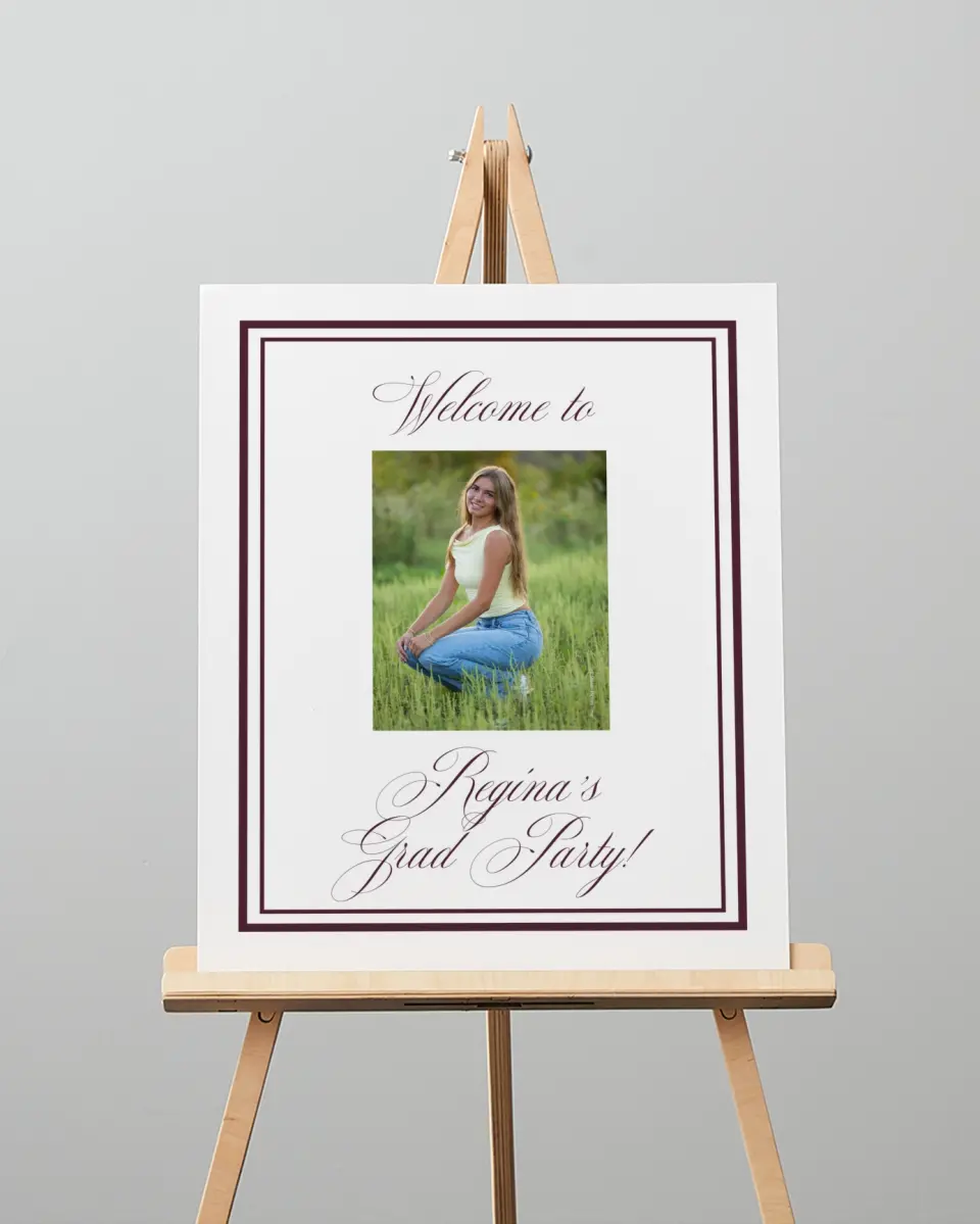 This is a 16" x 20" Welcome Grad Sign called Timeless Frame printed in full color