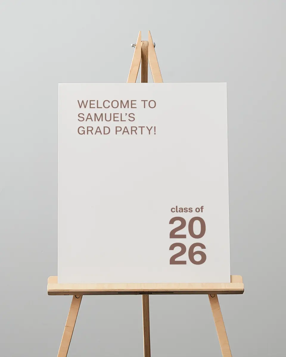 This is a 16" x 20" Welcome Grad Sign called Graduation Time printed in full color with Silver foil