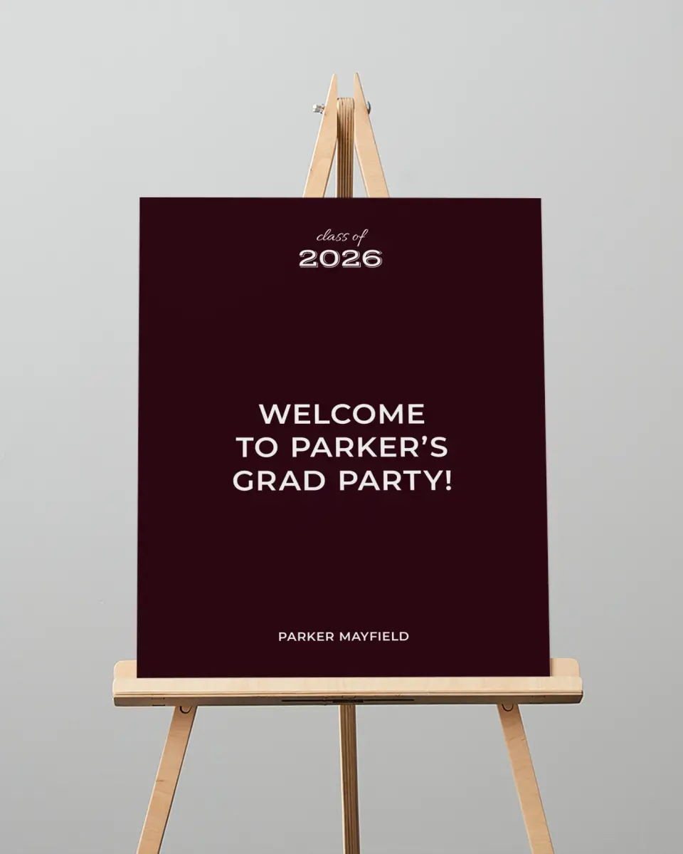This is a 16" x 20" Welcome Grad Sign called All Star Graduate printed in full color with Silver foil