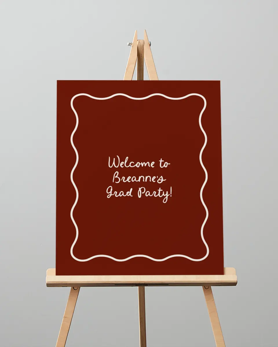 This is a 16" x 20" Welcome Grad Sign called Walking the Stage printed in full color with Silver foil