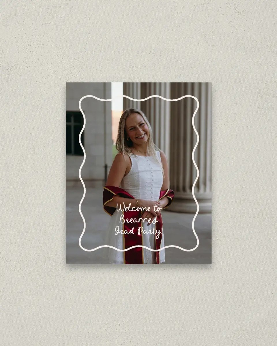This is a 16" x 20" Welcome Grad Sign called Walking the Stage printed in full color