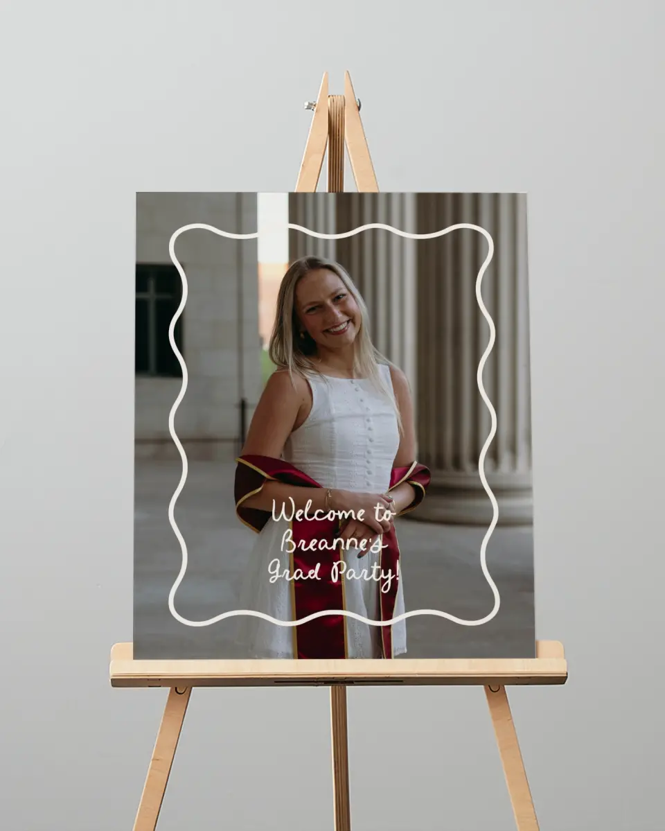 This is a 16" x 20" Welcome Grad Sign called Walking the Stage printed in full color