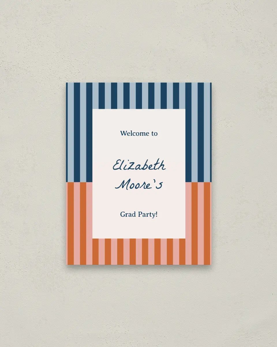 This is a 16" x 20" Welcome Grad Sign called Scholarly Stripes printed in full color