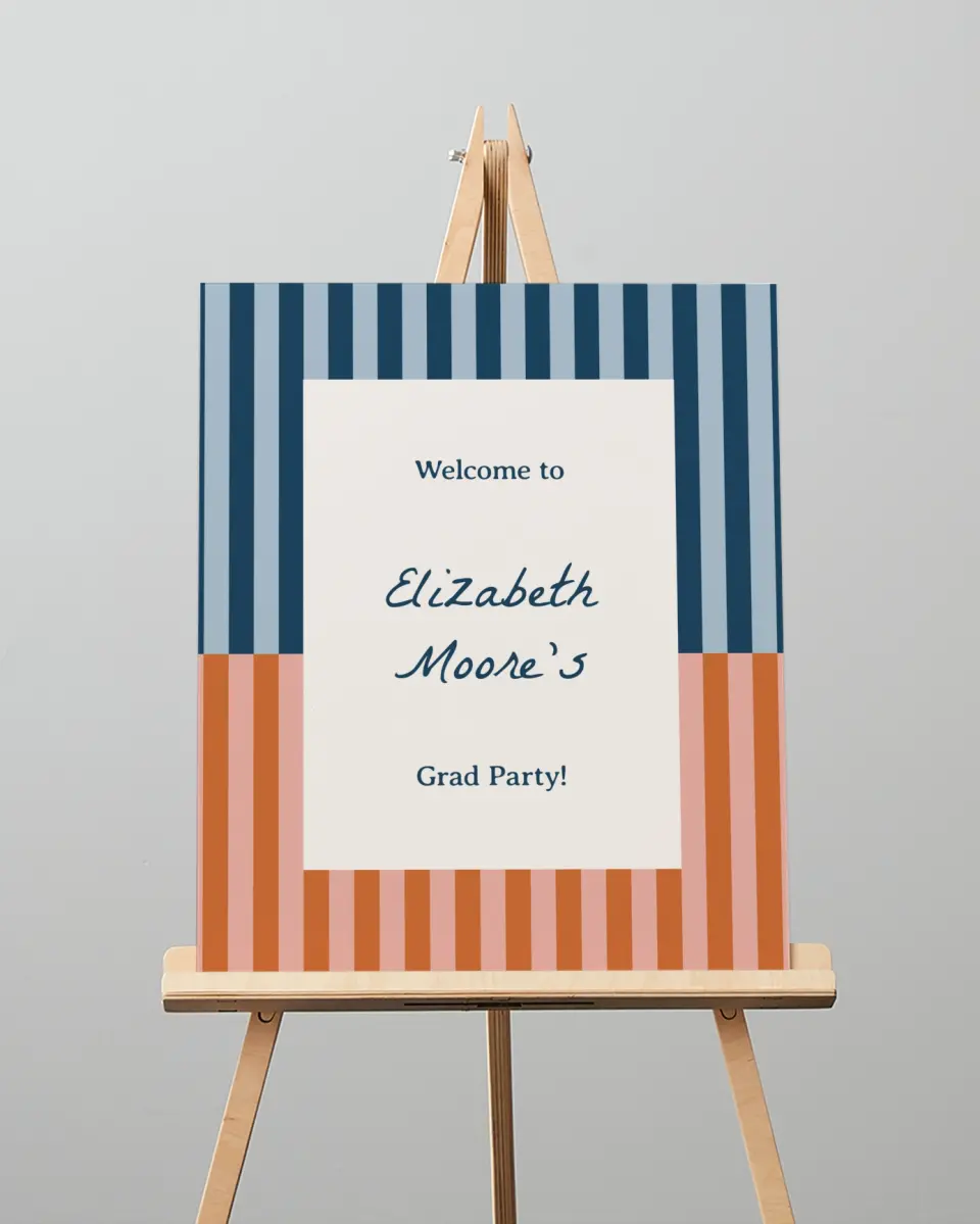 This is a 16" x 20" Welcome Grad Sign called Scholarly Stripes printed in full color with Silver foil