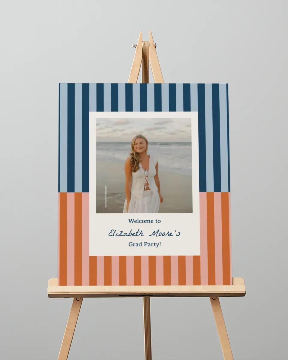 This is a 16" x 20" Welcome Grad Sign called Scholarly Stripes printed in full color with Gold foil