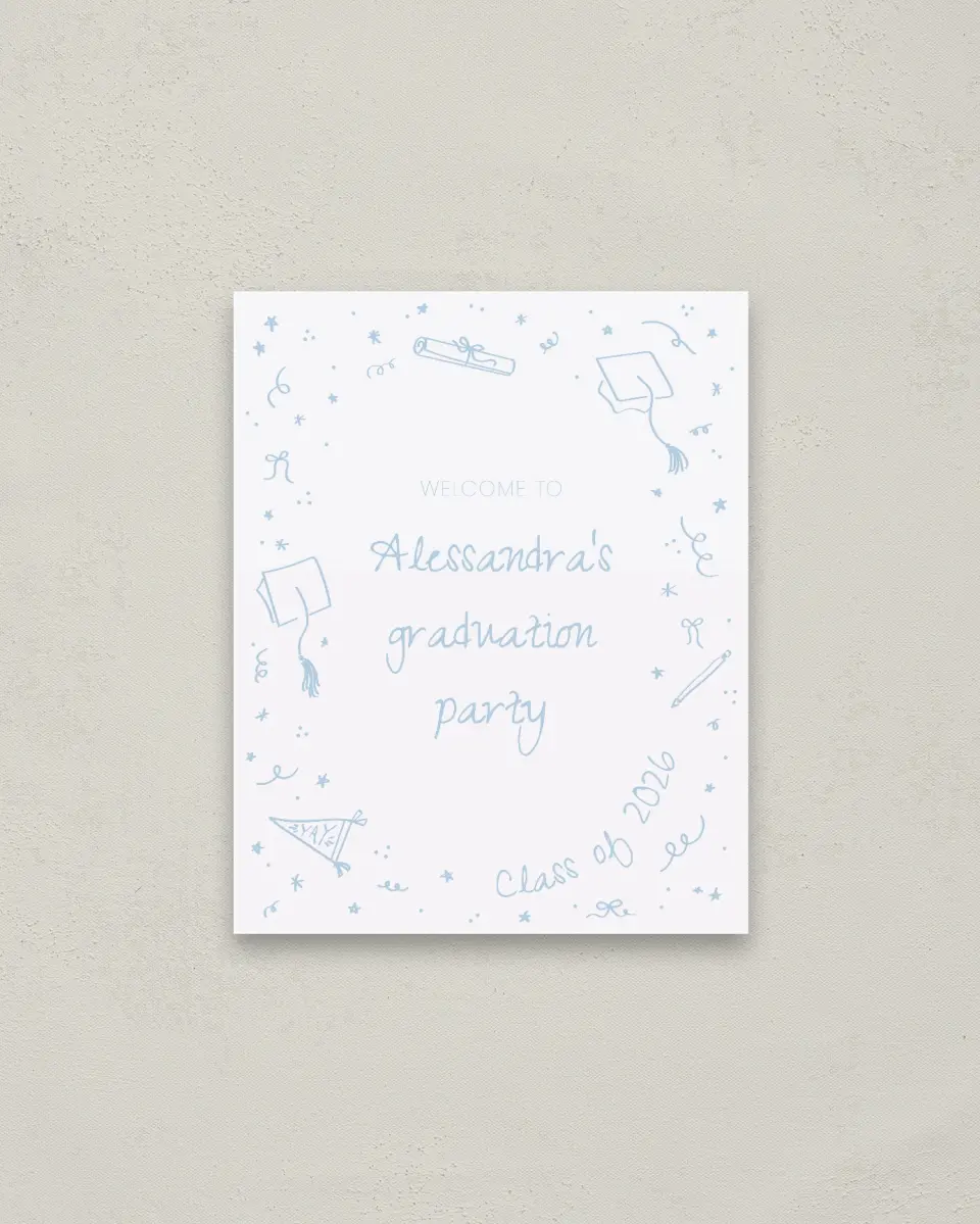 This is a 16" x 20" Welcome Grad Sign called Doodles in the Margin printed in full color