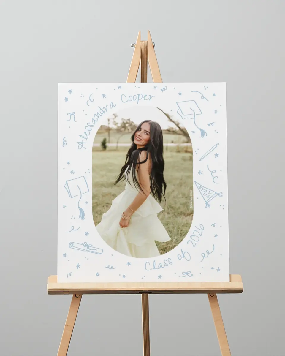This is a 16" x 20" Welcome Grad Sign called Doodles in the Margin printed in full color